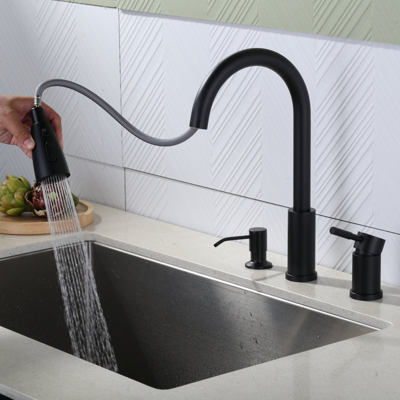 3-Hole Pull Down Kitchen Faucet With Soap Dispenser And Unique Individual Handle, Matte Black