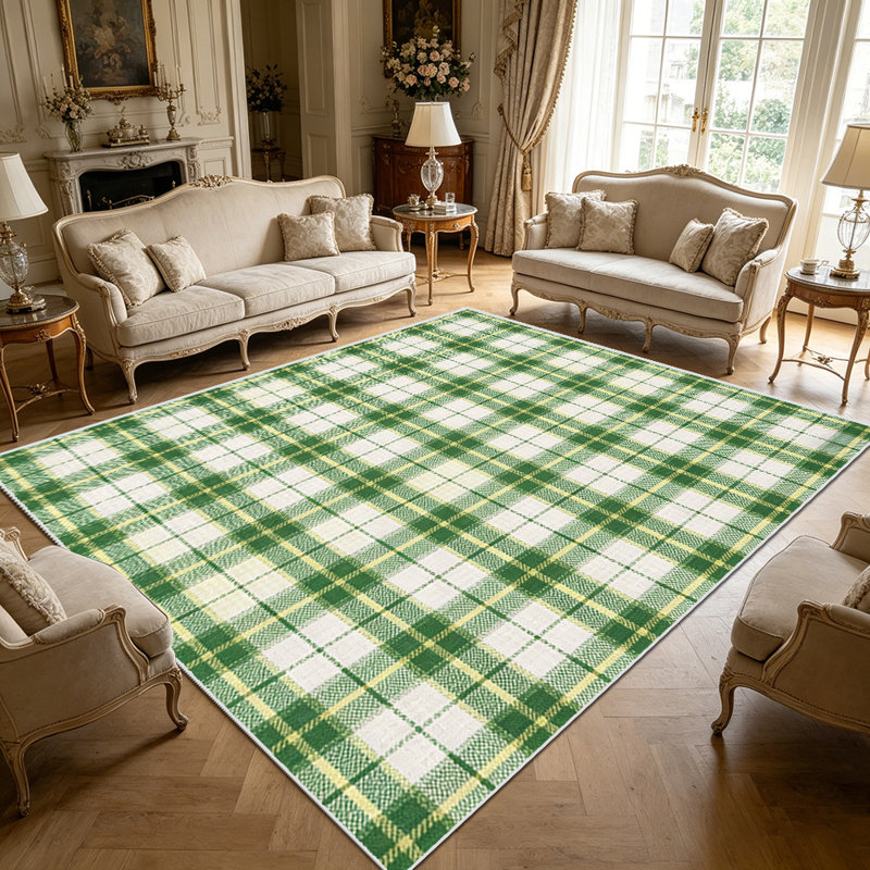 1PC Green Cream Plaid Checkered area rugs, Soft and Comfortable, easy-to-maintain, machine washable Indoor floor mat, suitable for living room, bedroom, dining area, patio, sunroom, front porch, kitchen, entryway, backyard, Home Decor, Outdoor Decor.