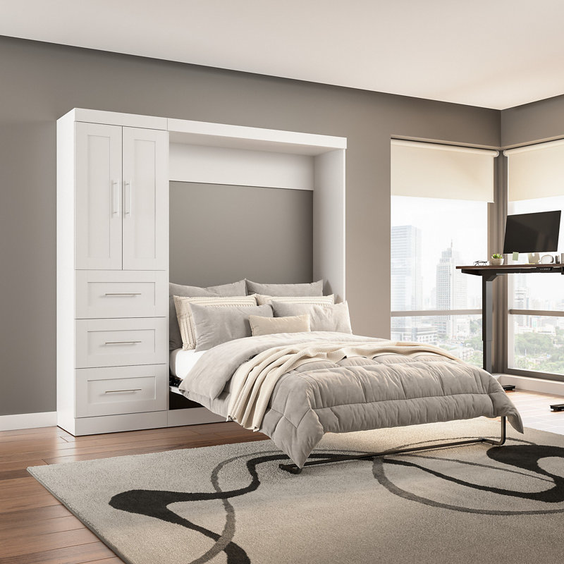 Arlex Bed with Storage Unit with Drawers and Doors, Queen, White
