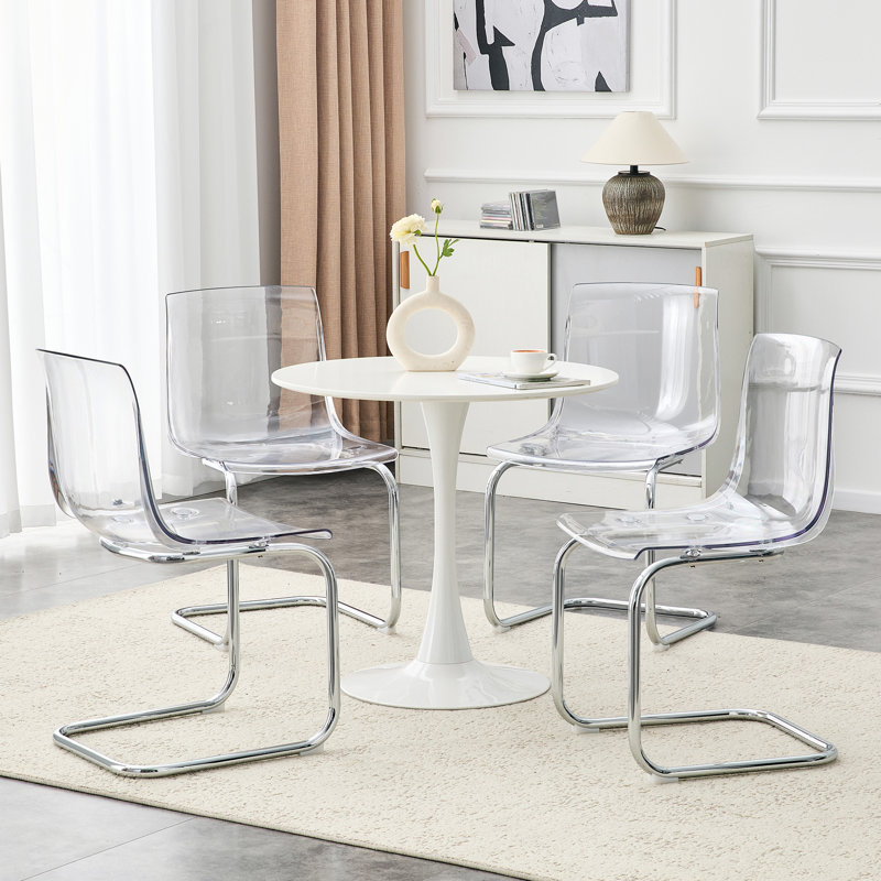 Chaise de salle à manger moderne et transparente avec base en porte-à-faux en métal chromé (ensemble de 4)