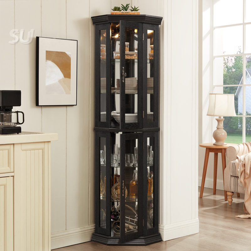 Lighted Corner Curio Cabinet With Tempered Glass Doors, Adjustable Shelves, And LED Lighting For Elegant Home Display, Black