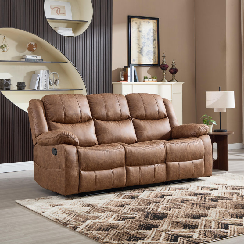 80'' Wide Breathable Leather Manual Reclining Sofa, 3-Seater Recliner Couch, Brown