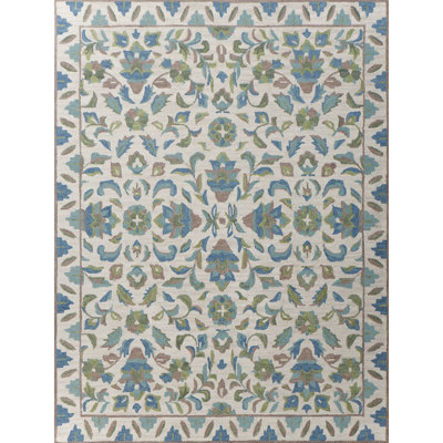 Lugano Hand-Tufted Wool Loop Pile Indoor Rug Traditional Bordered Cream Blue Green