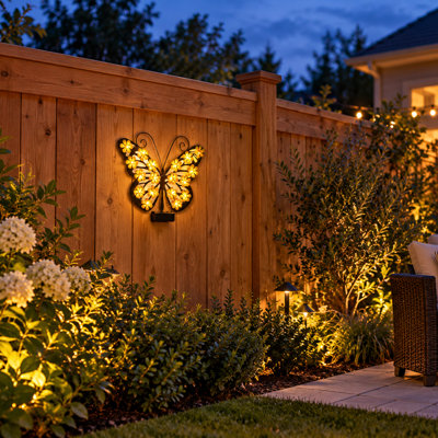 Lampe solaire décorative murale papillon, suspension extérieure en métal de 25 cm (9,8 pouces) pour jardin, terrasse, clôture ou cour.