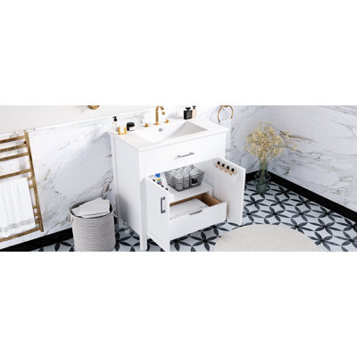 Meuble-lavabo de 30 po: lavabo en céramique et espace de rangement abondant. Petits espaces compacts. Blanc, bois massif +. 2 portes, 1 tiroir. Meuble-lavabo élégant avec solution. Options de rangement.