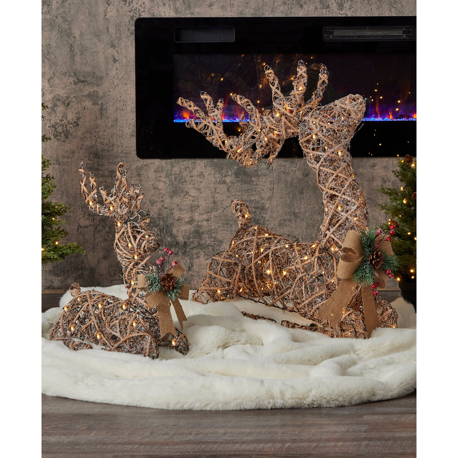 Natural Rattan Sitting Reindeer, Pre-Lit with 50 Warm White LED Lights, Plug In, 31.49"H x 9.44"W x 32.67"D