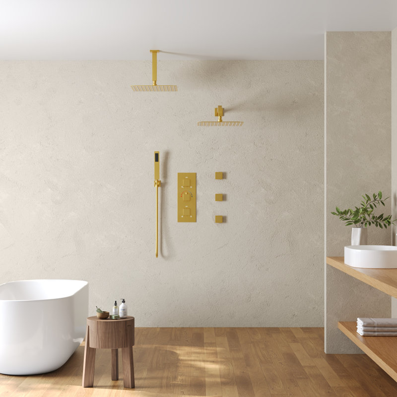 Thermostatic Dual Showerheads System, 12" High-Pressure Rainfall Shower Faucet with Handheld Spray and Body Jet, Brushed Gold