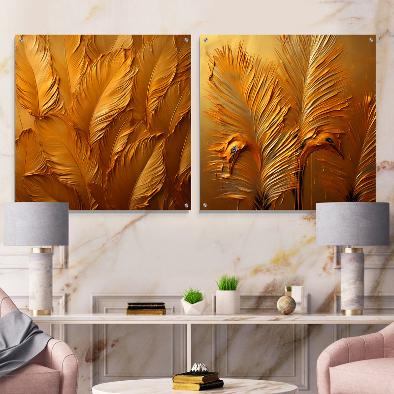 Golden Feathers - ensemble de 2 verres muraux en acrylique, H 16 po x l 33 po