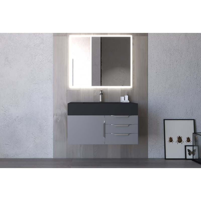Ensemble de meuble-lavabo simple 36 po avec miroir Modern, Nickel brossé, gris, Noir