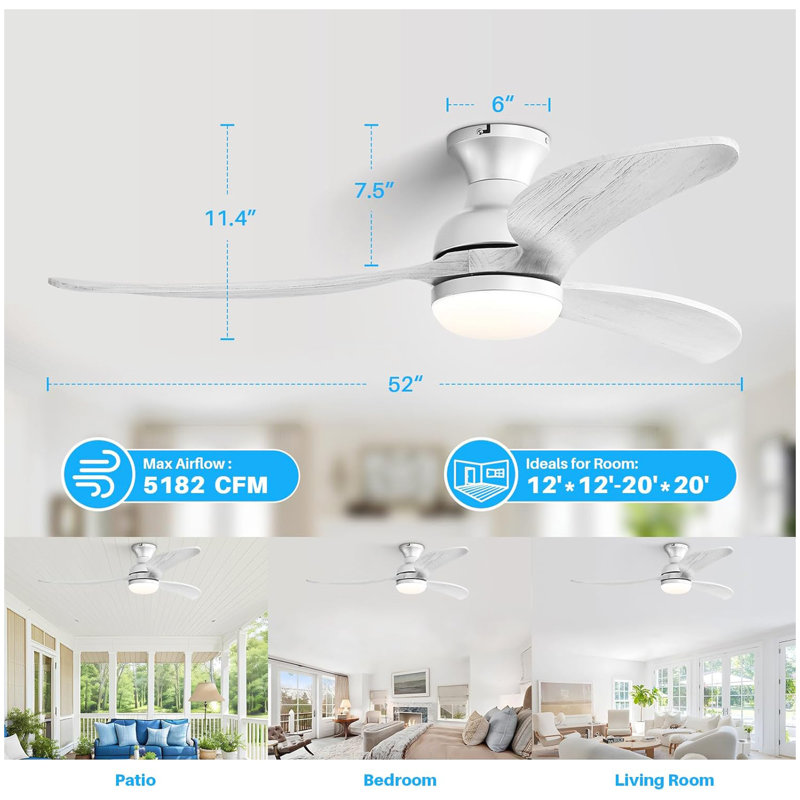 52 Inch Modern Ceiling Fan With 3 Color Dimmable Solid Wood  Blades Remote Control Reversible DC Motor For Bedroom
