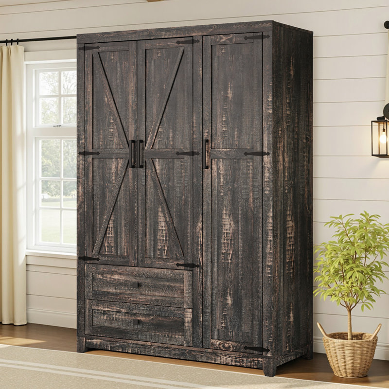 Armoire-penderie à 3 portes Bichock 70 po avec 2 tiroirs et tringle, chêne foncé, Chêne foncé