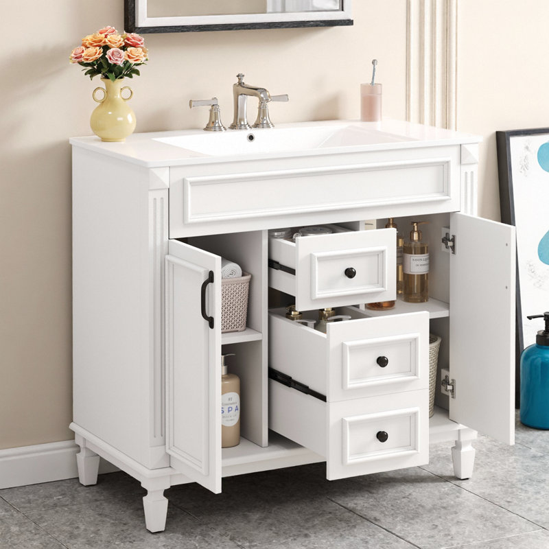 Meuble-lavabo moderne de 36 po avec lavabo en céramique, 2 portes à fermeture douce et 2 tiroirs, pieds romains, capacité de 300 lb, finition texturée, robinet central de 4 po prêt pour le robinet
