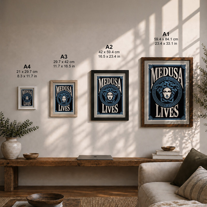 Medusa Lives Typography - Framed Print, A4 - 29.7 x 21.0 cm, Black