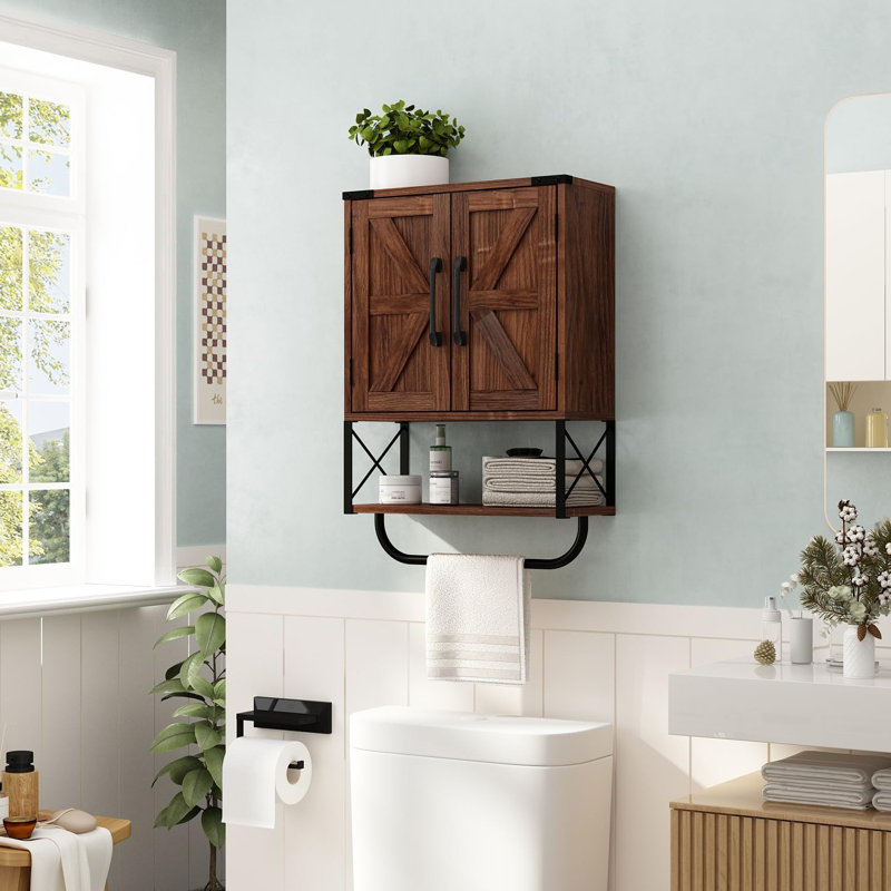 Armoire à pharmacie rustique avec deux portes de grange, armoire de rangement murale en bois avec tablette réglable et barre à serviettes, armoire à 3 niveaux pour la salle de bain, salon (chêne lavé)