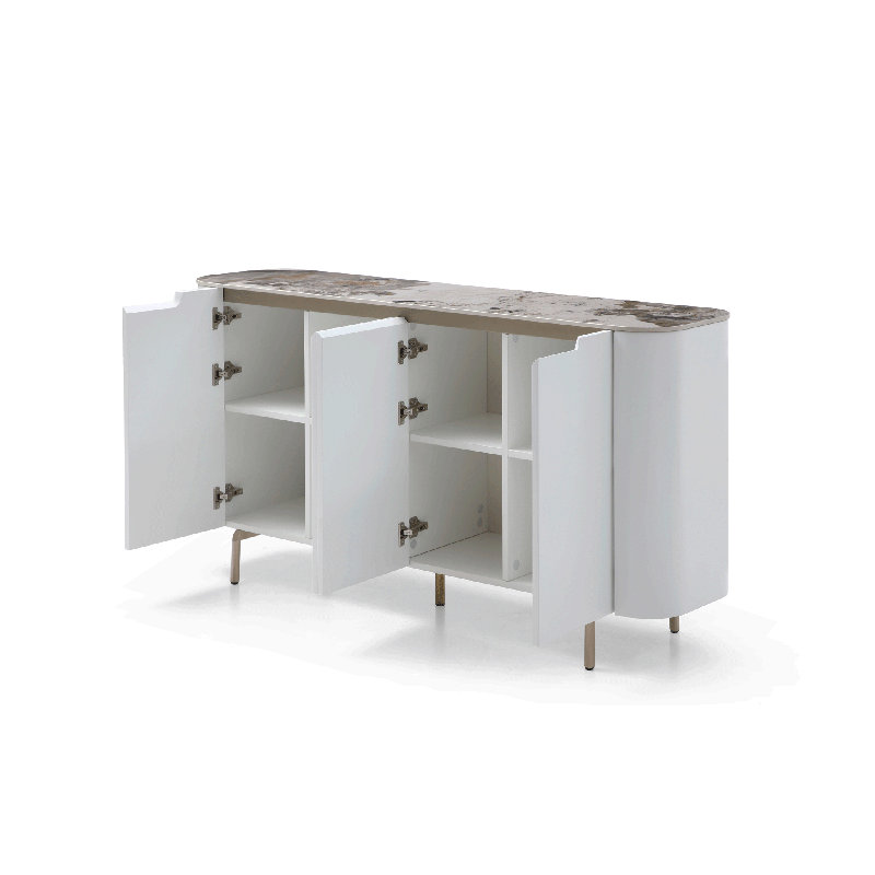 Armoire de rangement moderne Elisa blanche avec plateau et pieds champagne doré.