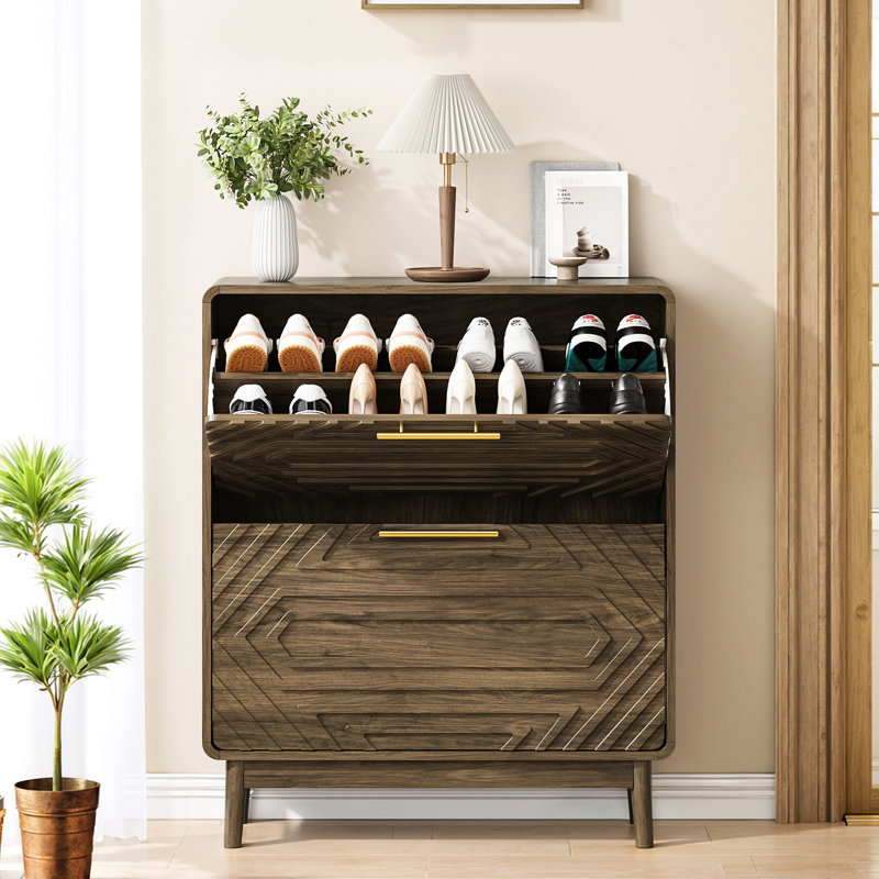 Armoire à chaussures autoportante en noyer de 31,5 po avec éléments géométriques pour le couloir, deux tiroirs rabattables, tablettes réglables, dispositif de basculement de style Mid-Century, 2 entrées