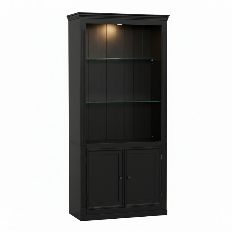 Étagère de présentation 78,75 po à 4 niveaux avec rangement et portes, Noir