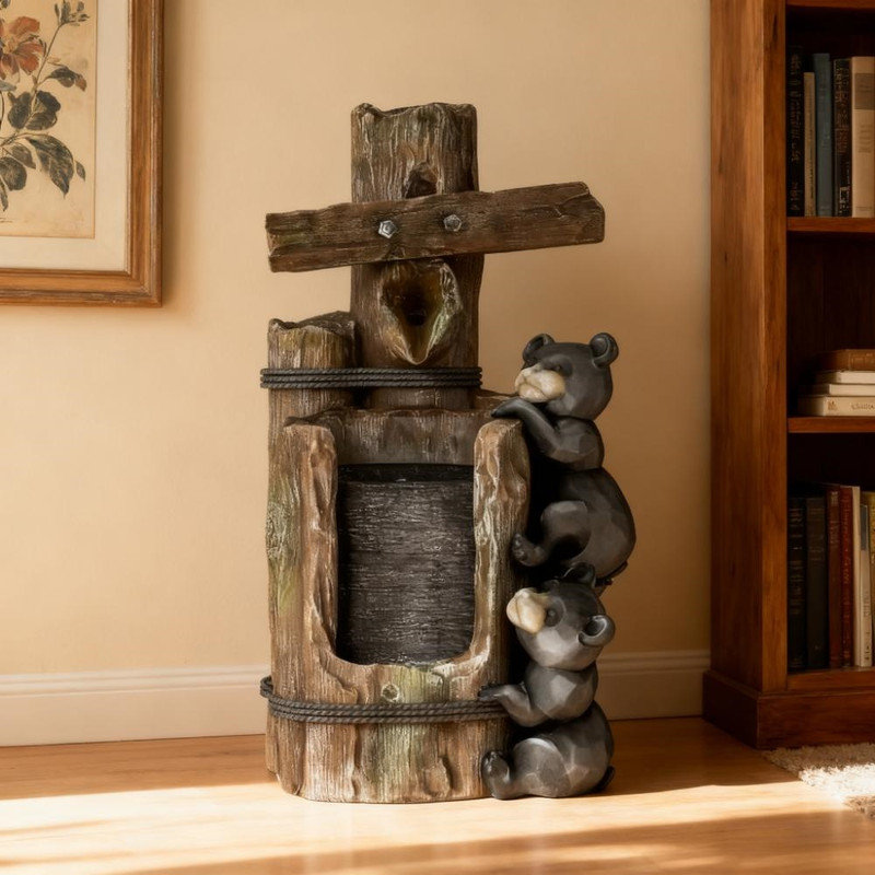 Outdoor 3-Tier Resin Bears on Log Waterfall Fountain with LED Lights & Pump, Courtyard Garden Decorative Water Feature