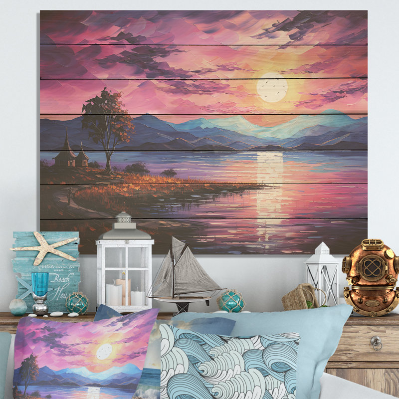 Minimalisme au coucher du soleil sur un lac mauve - Minimalisme côtier sur bois, H 10 po x l 20 po x P 0,78 po