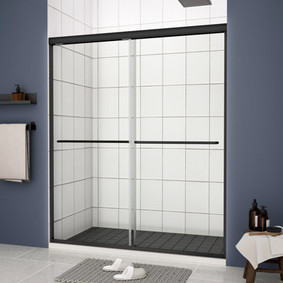 Porte de douche à dérivation, 50 à 54 po x 70 po, verre trempé, noir mat, poignée testée 36 000 fois, film anti-explosion, fuite, rail facile à installer, fuite en acier inoxydable, utilisateur
