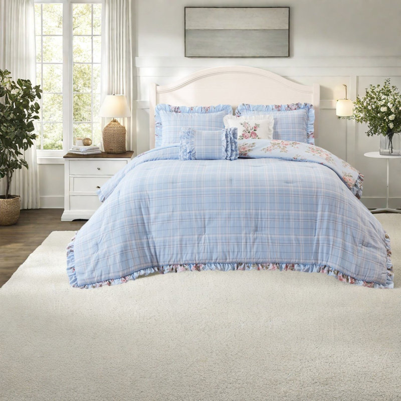 Ensemble de literie pour très grand lit, édredon en microfibre à motif floral bleu, chambre de style chalet
