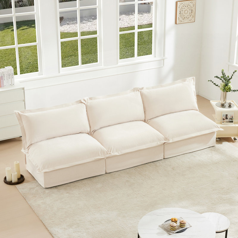 Canapé confortable modulaire en velours côtelé 3 places avec combinaisons polyvalentes, Chenille crème