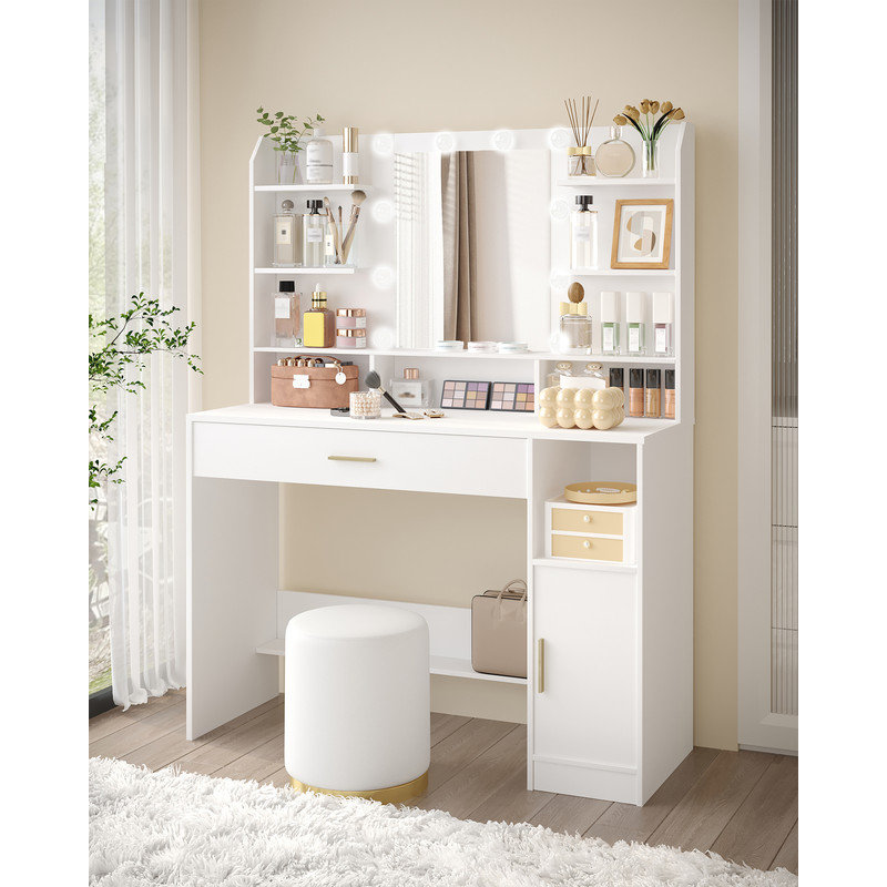 Vanity Desk with HD Mirror, Makeup Vanity with Led Lights,3 Levels of Adjustable Brightness, Dressing Table with Hidden and Open Shelves, Oversized Drawers and Cabinets