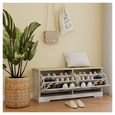 Banc de rangement à chaussures blanc antique avec 2 tiroirs rabattables et tablette réglable - Mobilier de chambre à coucher pour le couloir d'entrée