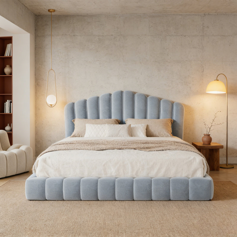 Structure de lit tapissier en velours avec tête de lit en forme de coquille, aucun sommier nécessaire pour la chambre à coucher