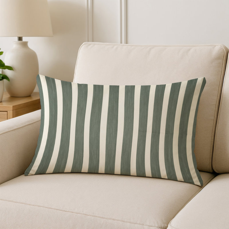 Coussin décoratif horizontal et extérieur à rayures horizontales, Sauge/blanc, Rectangle H 14 po x l 20 po