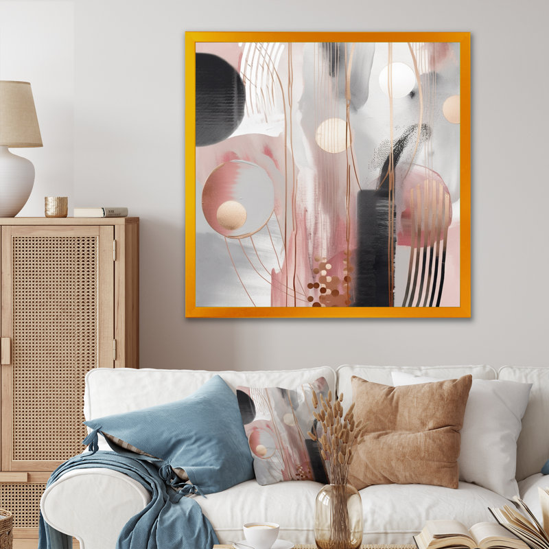 Décoration murale transitionnelle rose à motif de cercles dorés complexes II, L 24 po x H 24 po, Encadrement doré