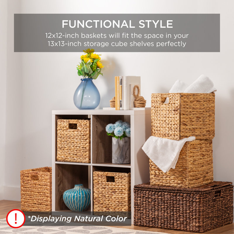 Hyacinth Storage Baskets, 5 Multipurpose Collapsible Organizers w/ Inserts, 12" H x 12" W x 12" D, Natural