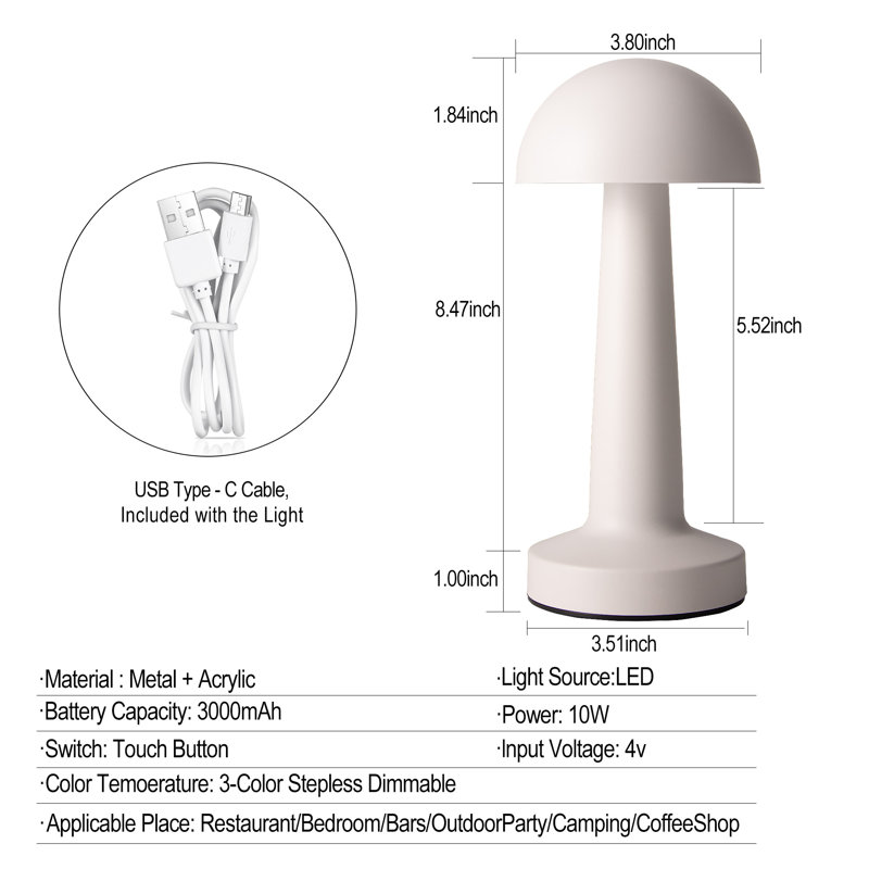 Cordless Metal Desk Lamp,Touch Sensor Control Led Table Lamp,3 Way Dimmable Nightstand Lamp, White