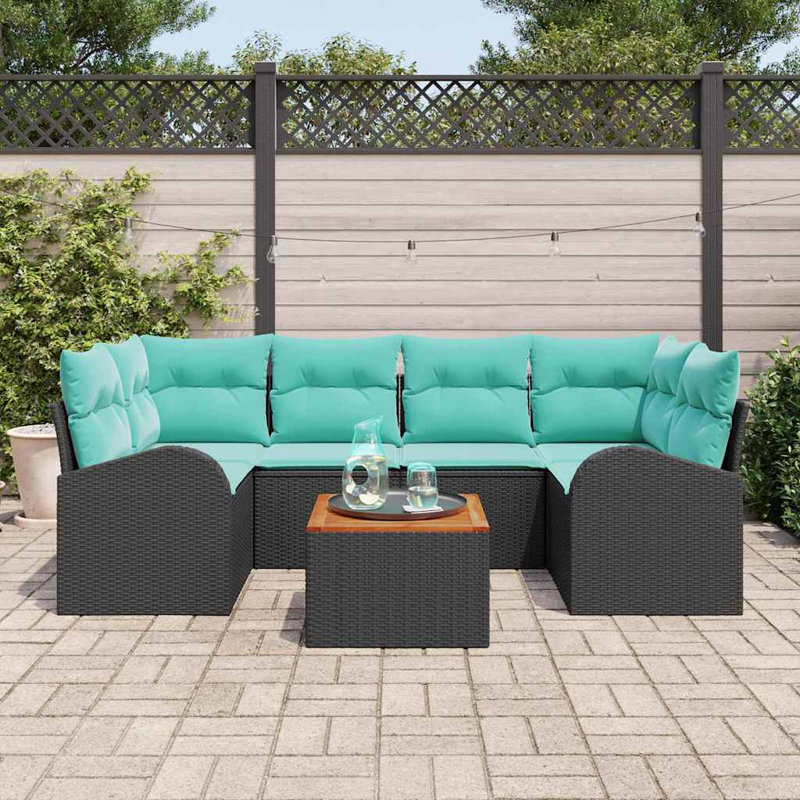 Ensemble de canapé de jardin vidaXL 7 pièces en rotin de polyester noir et turquoise