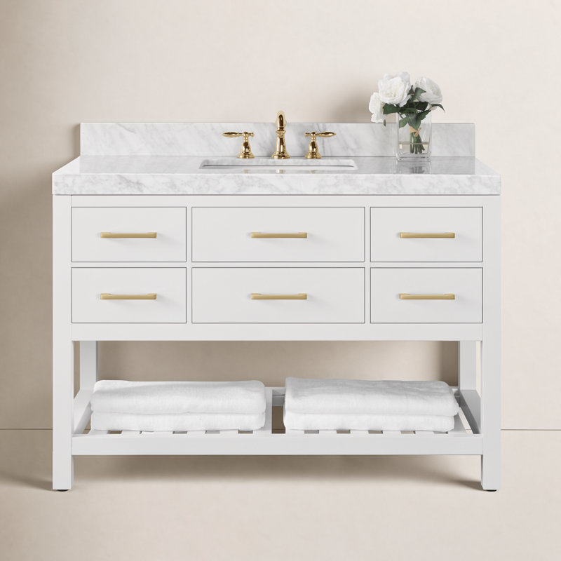 Ensemble de meuble-lavabo simple 48 po Carrie, Blanc / nickel brossé, Marbre blanc de Carrare