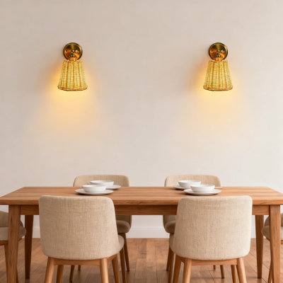 Rattan Wall Sconces Set Of 2, Hand-Woven Wicker Lampshade With Ceramic Base, Adjustable Plug-In Or Hardwired Wall Lamp For Bedroom, Living Room, Hallway Boho Decor