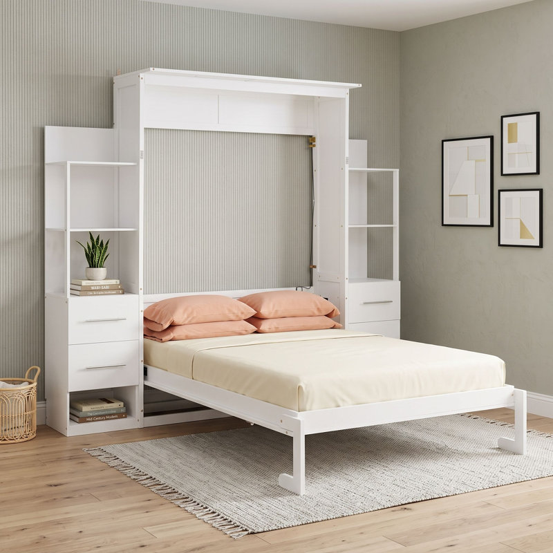 Lit escamotable avec tiroirs, tablettes et lumières DEL Murphy, Double, Blanc