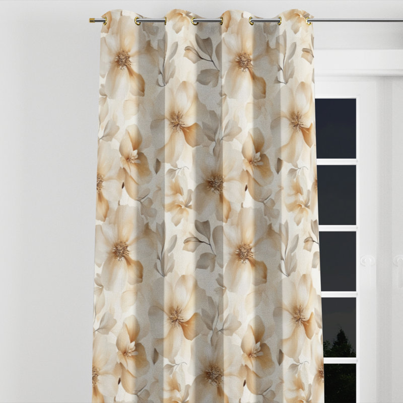 Floral Velvet Curtains - French Country Cream Bloom Grommet Curtain - 1 Panel, Gold Grommets, 52" W x 108" L