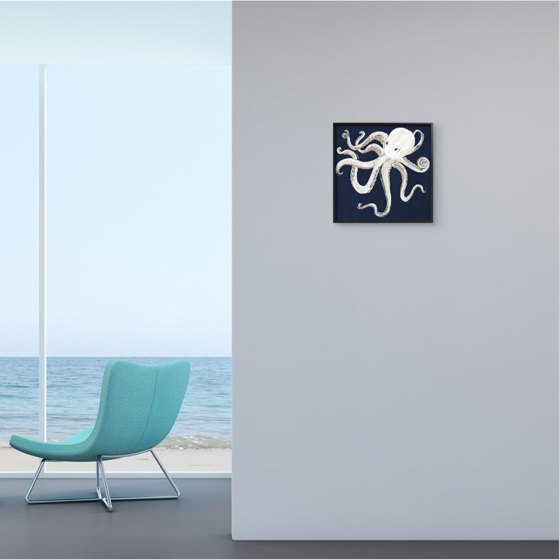 Illustration de pieuvre nautique fantaisiste sur bleu marine par Gina Ritter - impression, Giclée encadrée noir minuit