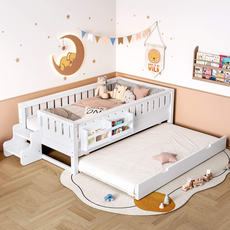 Twin Daybed With Built‑In Bookshelves, Small Staircase, Safety Rails & Trundle, White, Twin