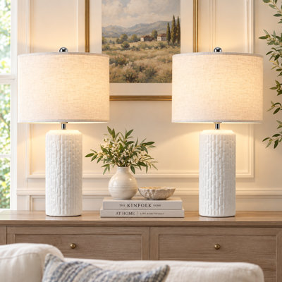 Ensemble de 2 lampes de table en céramique de 21 po, base cylindrique avec abat-jour tambour en lin, lampes de campagne modernes pour table de chevet, salon, bureau