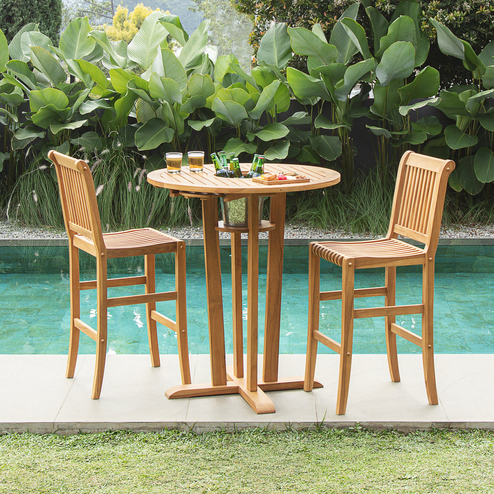 36" Teak Patio Dining Set, Bar Table: Dia 36 in. with Built-In Bucket Shelf