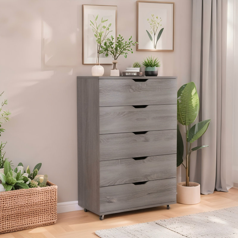 Gray 5-Drawer Dresser with Lockable Wheels, Gray