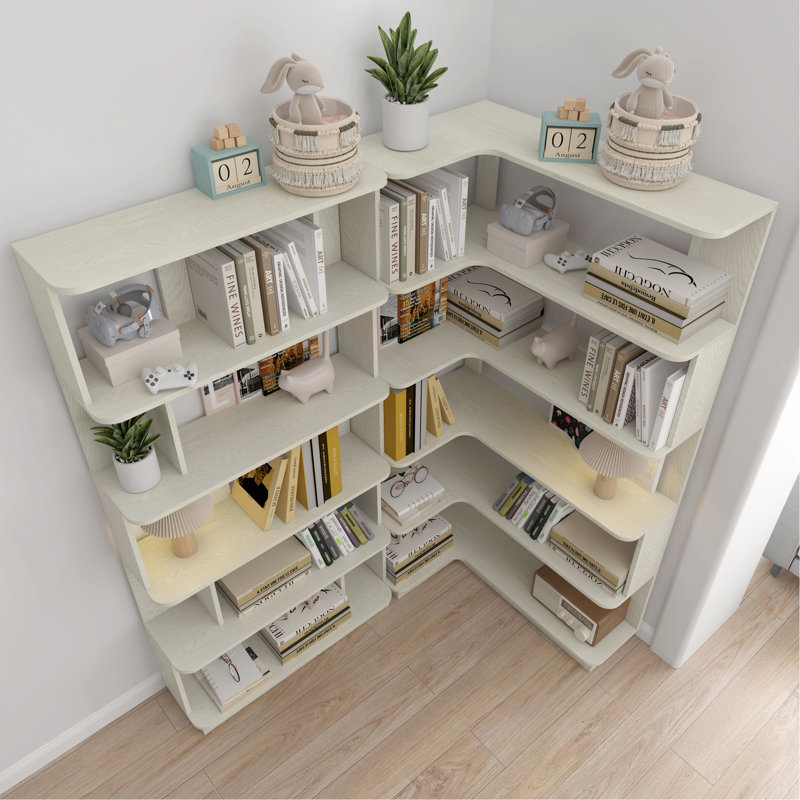 Bibliothèque d'angle compacte de 90 cm + bibliothèque libre extensible de 80 cm, ensemble de 2 présentoirs, Chêne blanc