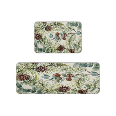 Green Pine Cone Kitchen Mats, Set of 2, for Kitchen & Entryway