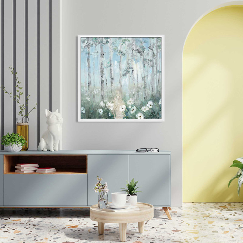 Magical Birch Grove par Sally Swatland - Peinture, L 21,5 po x H 21,5 po, Cadre blanc