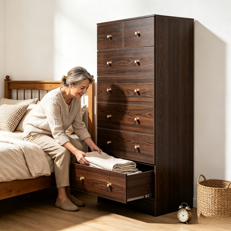 Commode haute à 7 tiroirs brun foncé, meuble vertical en bois avec poignées dorées, meuble de rangement pour vêtements sur pied pour chambre à coucher