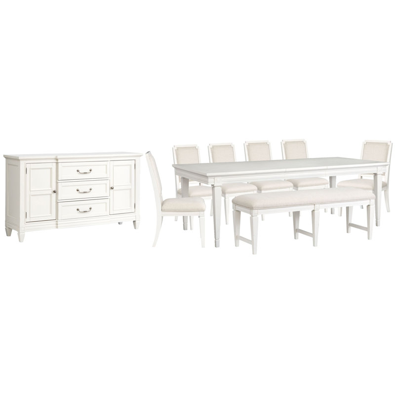 Table de salle à manger extensible Gilvira, 9 pièces: table, banc, buffet, 6 chaises