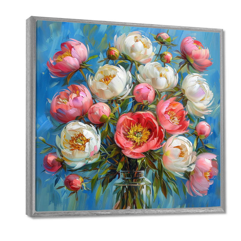 Radiant Bouquet - pivoines, impression d'art mural, Cadre argenté, H 30 po x l 30 po