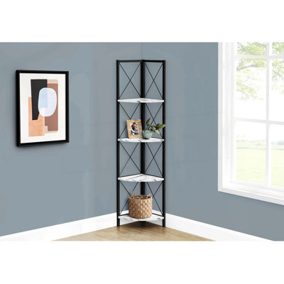 Bookcase, Bookshelf,Etagere, Corner, 4 Tier, 60"H, Office, Bedroom, White Marble Look Laminate, Black Metal, Contemporary, Modern